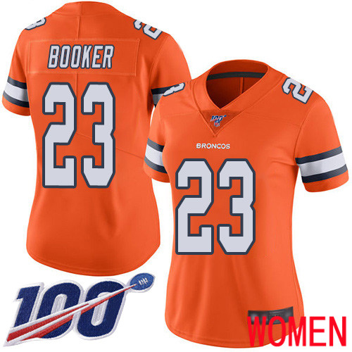 Women Denver Broncos #23 Devontae Booker Limited Orange Rush Vapor Untouchable 100th Season Football NFL Jersey->denver broncos->NFL Jersey